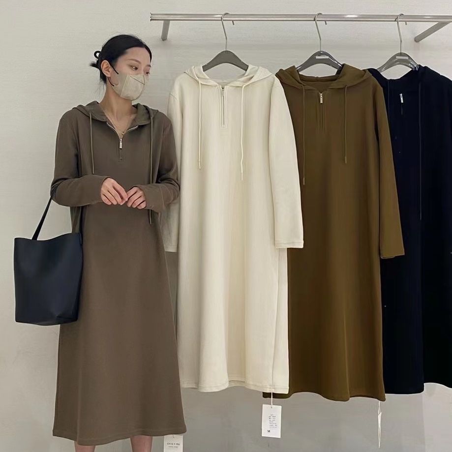 Extra Large 300 Jin Fat MM High Grade Sensation Pit Strip Hooded Bottom Skirt for Women Autumn Loose and Versatile Long Dress