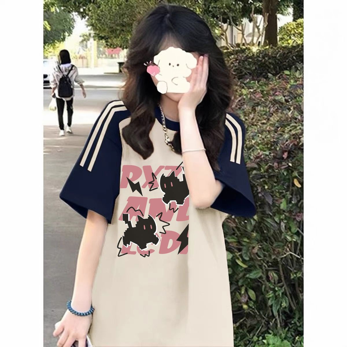 【 Cotton 230g 】 Cotton 230g raglan color blocked cow horn sleeves with three stripes and eight stripes, short sleeved T-shirt with loose fit