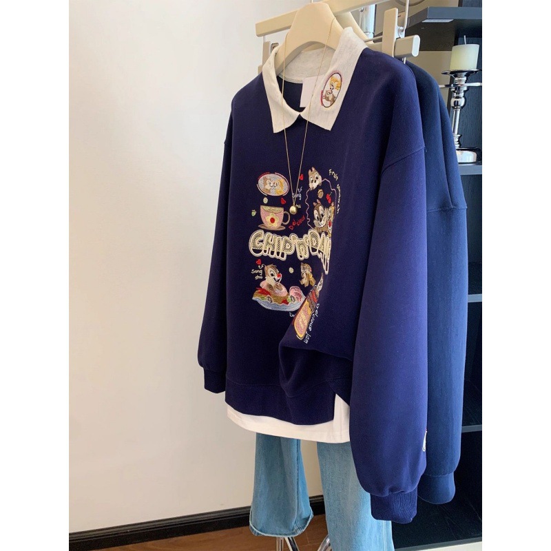 Navy blue embroidered polo collar hoodie for women, early autumn new item, fake, two unique super hot design, anti-aging top