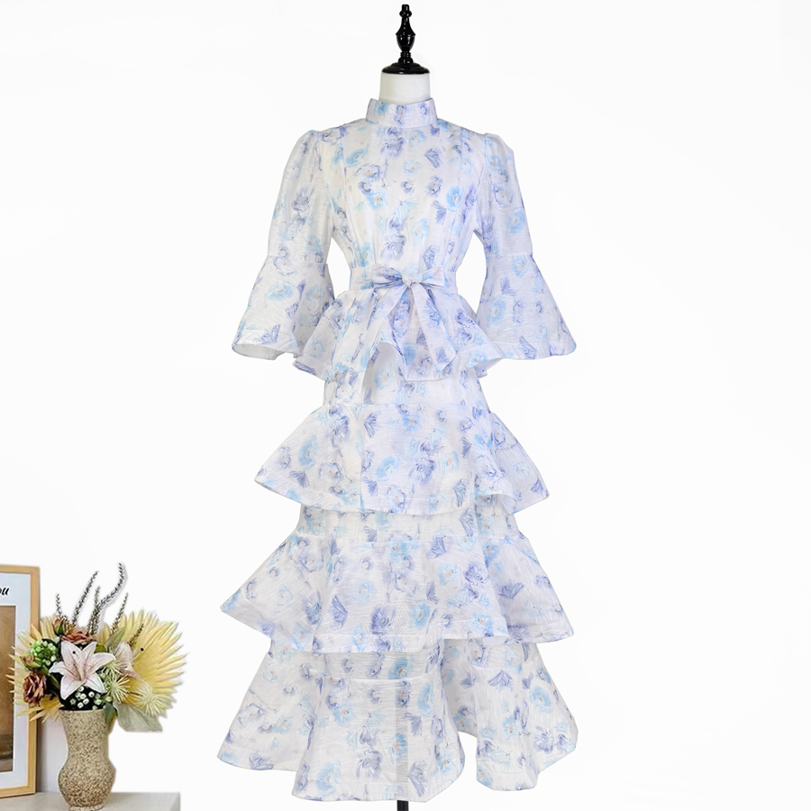 Real shot Australian retro printed ruffle edge dress cake TAMA long skirt trumpet sleeve fairy dress Real shot Australian retro printed ruffle edge dress cake TAMA long skirt trumpet sleeve fairy dress