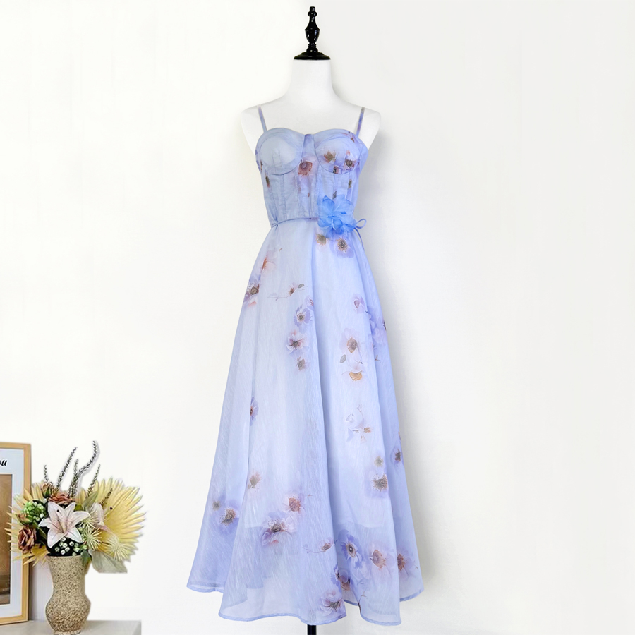 Realistic photo of Z's light luxury high-end 2025 autumn new style chest support suspender printed holiday fairy dress dress