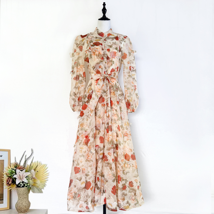 Real shot French elegant standing collar flower buckle heavy flower decoration waist cinching tie up big swing dress long skirt for women Real shot French elegant standing collar flower buckle heavy flower decoration waist cinching tie up big swing dress long skirt for women