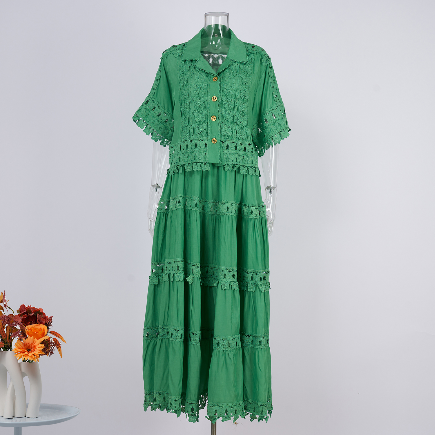 Real shot French retro summer new style lapel embroidered lace long shirt+skirt set for women