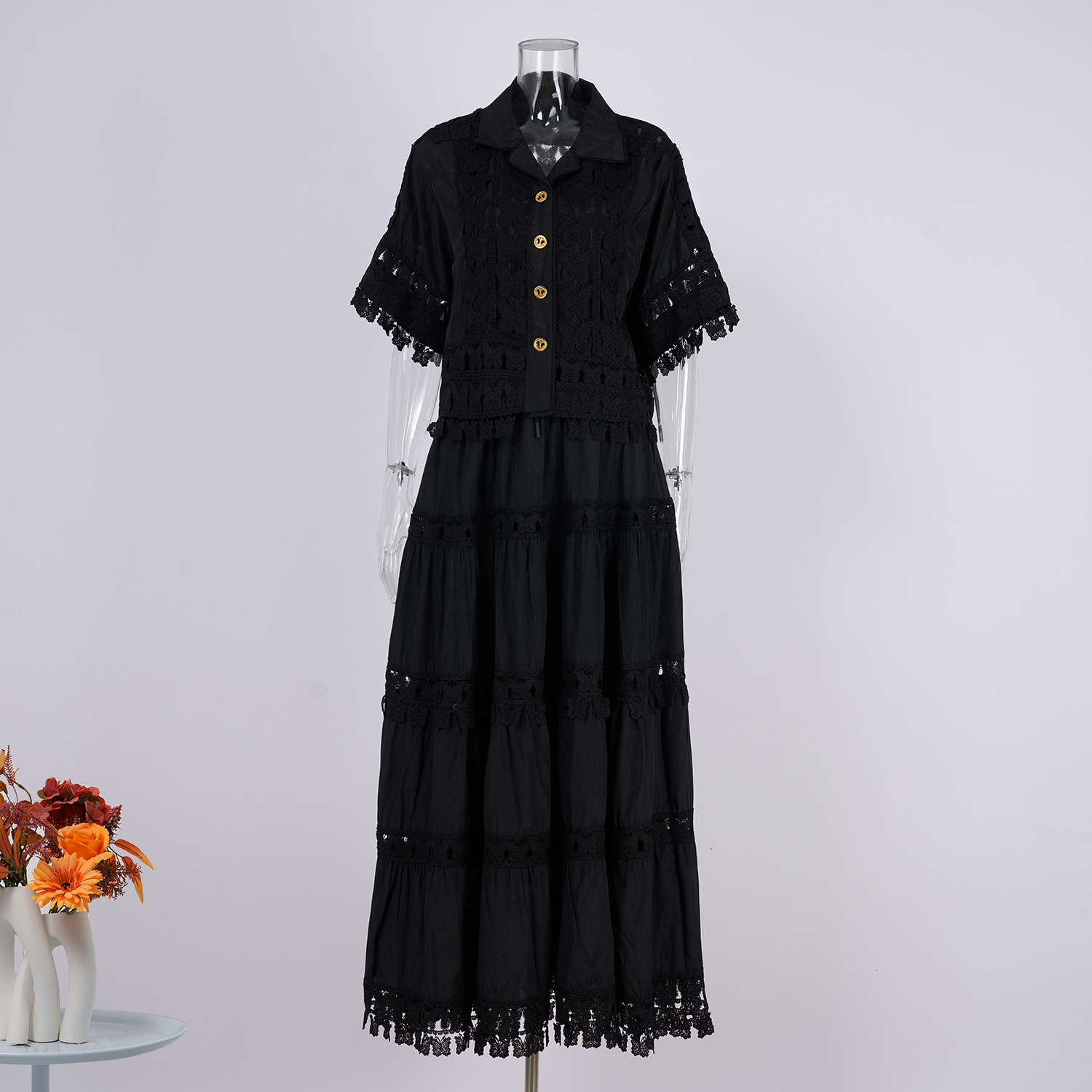 Real shot French retro summer new style lapel embroidered lace long shirt+skirt set for women