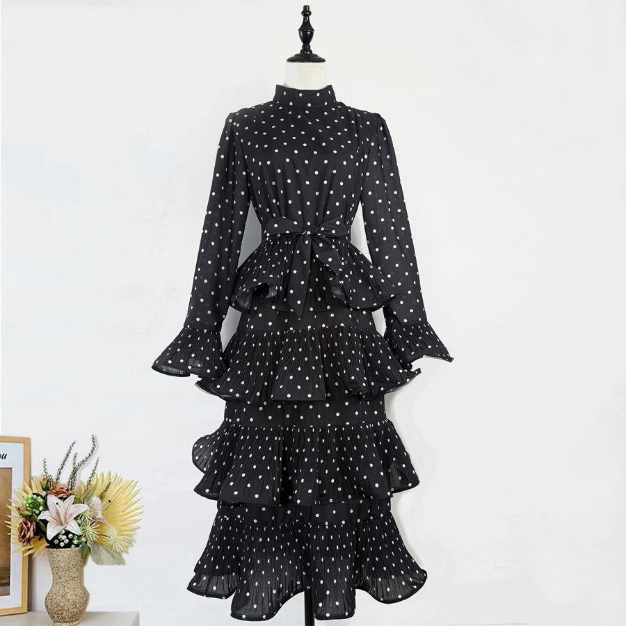 Real shot of an elegant retro polka dot trumpet long sleeved stand up collar lace up pleated ruffle edge dress in Australia, medium length Real shot of an elegant retro polka dot trumpet long sleeved stand up collar lace up pleated ruffle edge dress in Australia, medium length