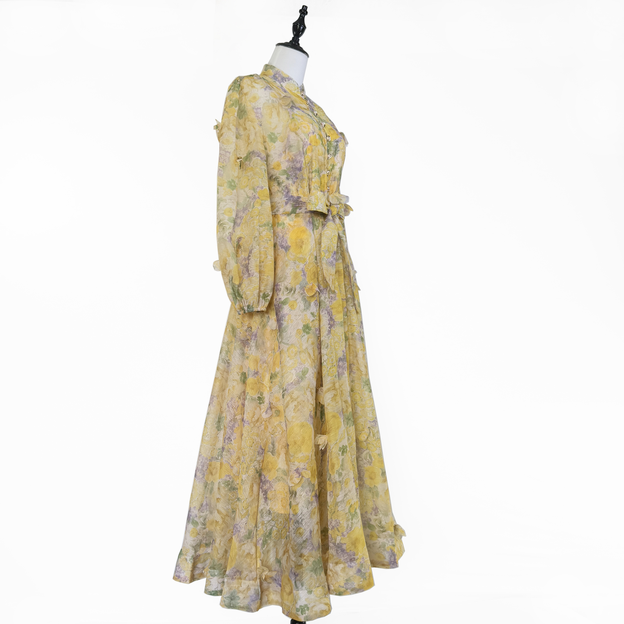 Real shot of Australian new printed three-dimensional flower single breasted lantern sleeve large swing dress long party dress Real shot of Australian new printed three-dimensional flower single breasted lantern sleeve large swing dress long party dress