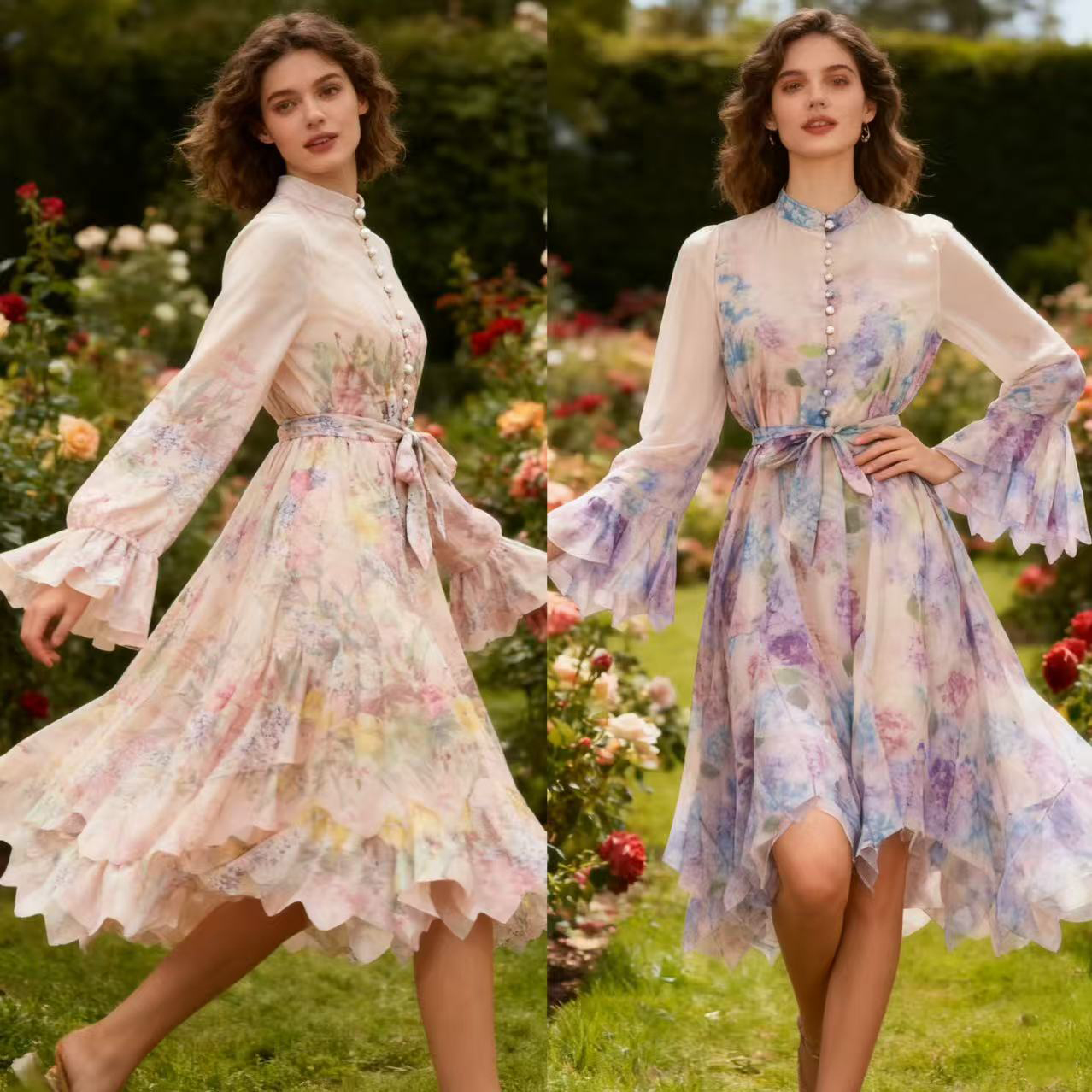 New Australian high-end design style i printed breasted short dress with elegant and super fairy temperament