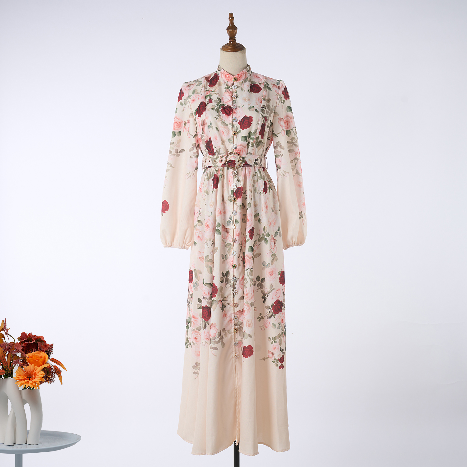 Real time shooting of casual retro printed exquisite single breasted stand up collar A-list dress ultra long skirt+belt in 18 colors