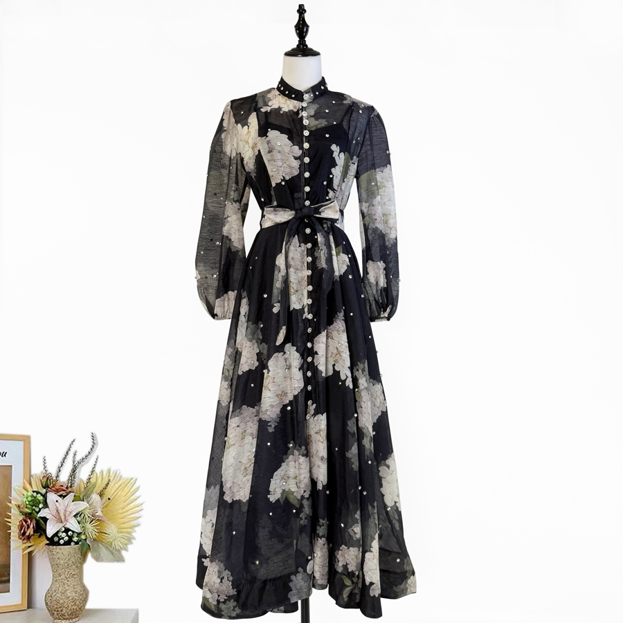 Real shot of Australian fashion printed light luxury heavy industry nail drill single breasted lantern sleeve mid length large swing dress Real shot of Australian fashion printed light luxury heavy industry nail drill single breasted lantern sleeve mid length large swing dress