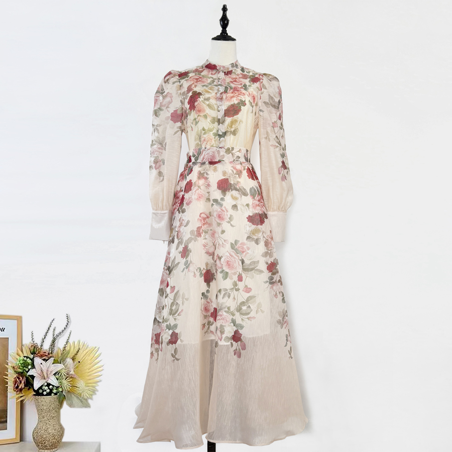 Real shot of European and American retro printed elegant and fashionable single breasted shirt, high waist super large swing skirt set, skirt length