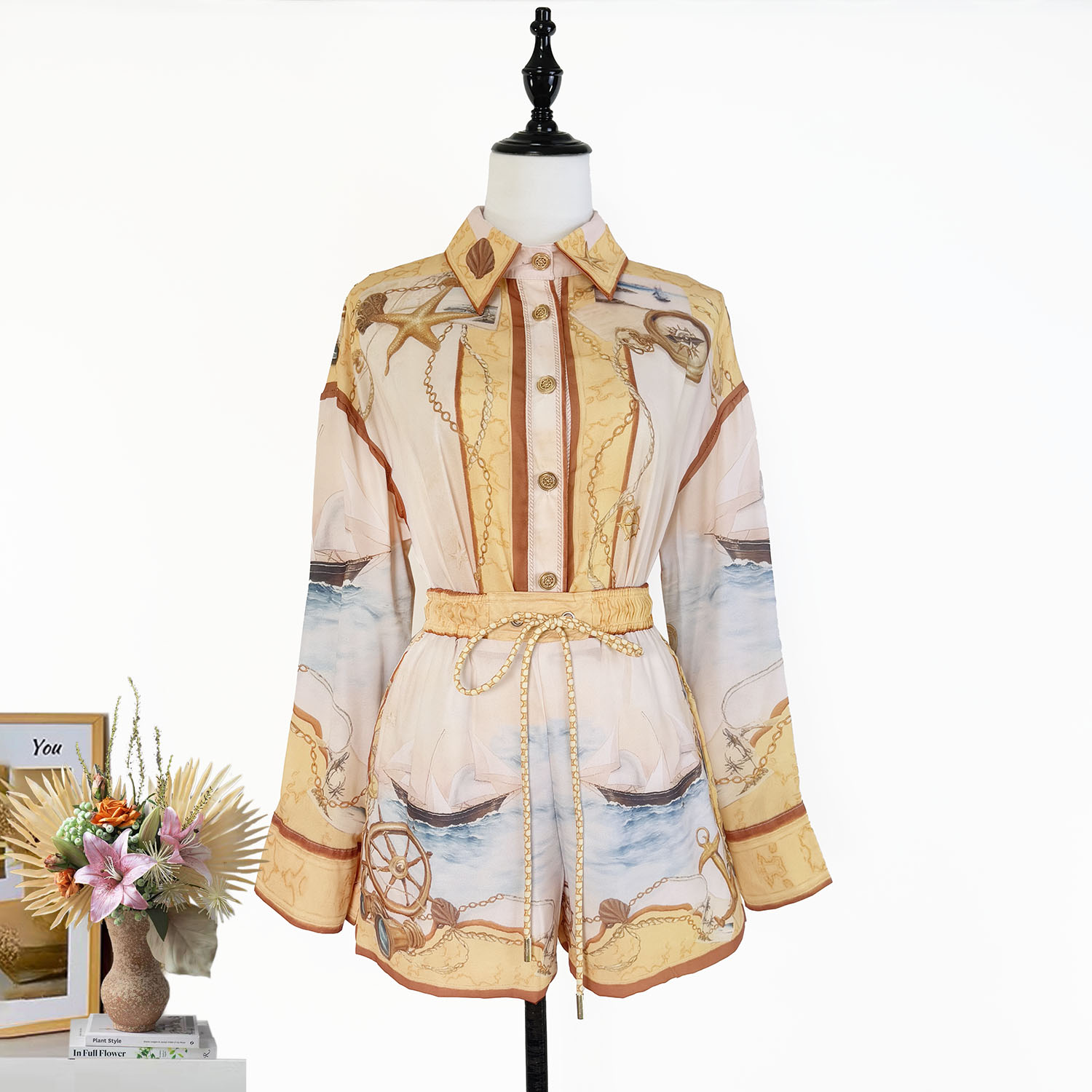 Real shot Australian niche blue nautical print long sleeved shirt shorts fashionable casual set two-piece set Real shot Australian niche blue nautical print long sleeved shirt shorts fashionable casual set two-piece set