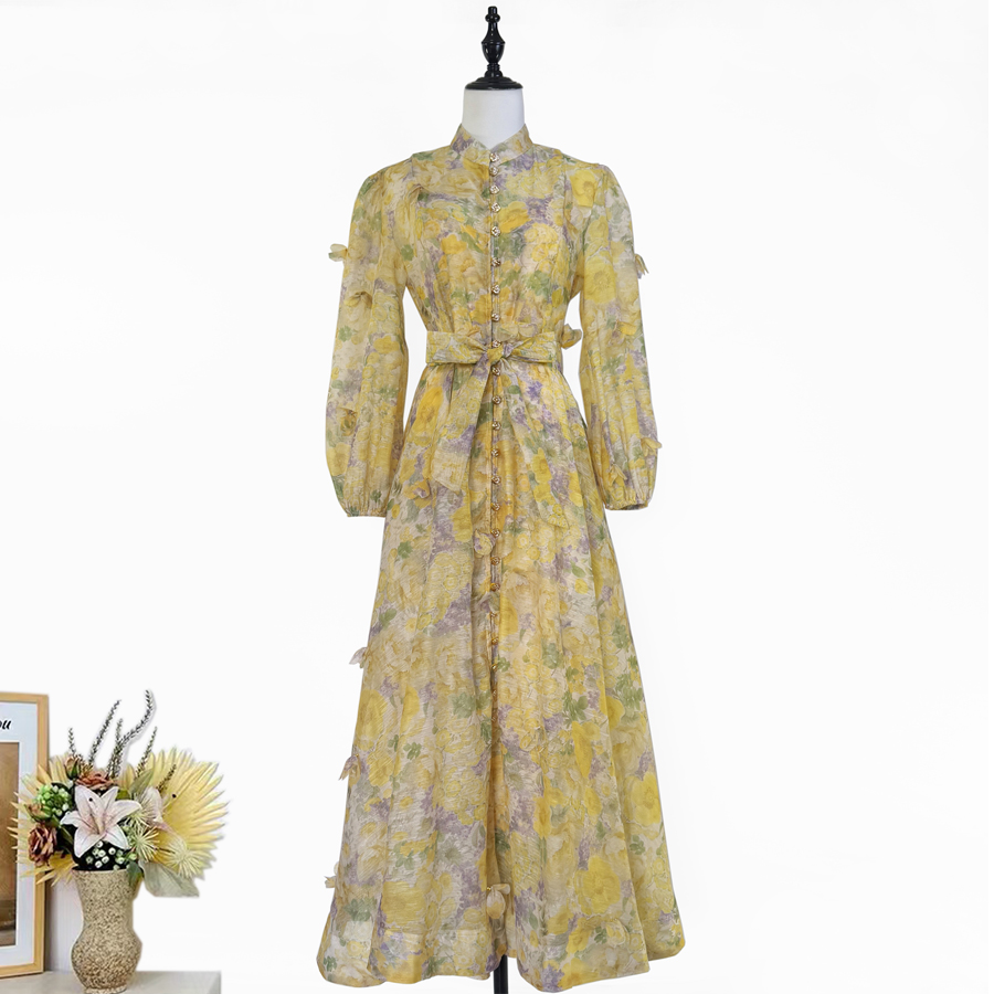 Real shot of Australian new printed three-dimensional flower single breasted lantern sleeve large swing dress long party dress Real shot of Australian new printed three-dimensional flower single breasted lantern sleeve large swing dress long party dress