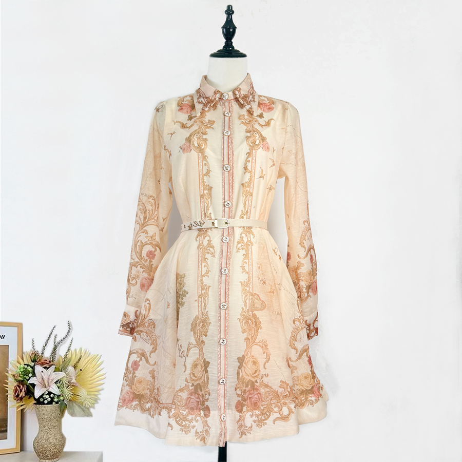 Real time shooting of Australian niche early autumn new retro map print collar long sleeved waist cinched shirt dress short skirt