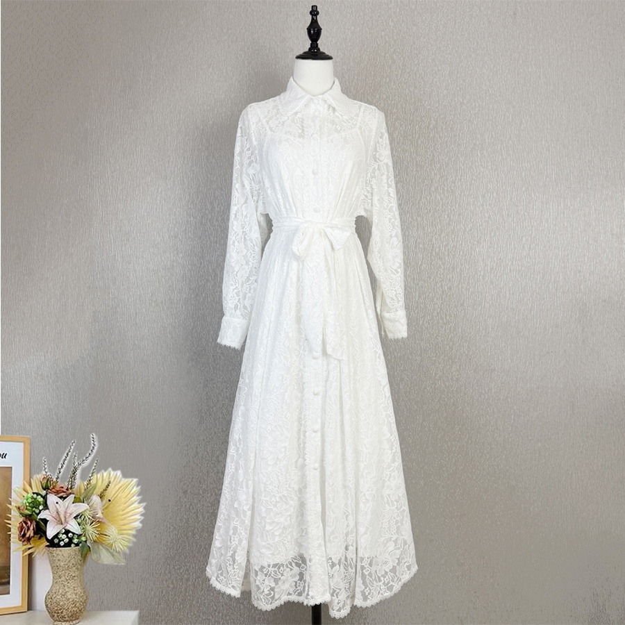 Real shot of 2-color elegant ladylike lantern sleeves with a high-end feel, solid color lace dress with single breasted buckle and waist cinching tie Real shot of 2-color elegant ladylike lantern sleeves with a high-end feel, solid color lace dress with single breasted buckle and waist cinching tie