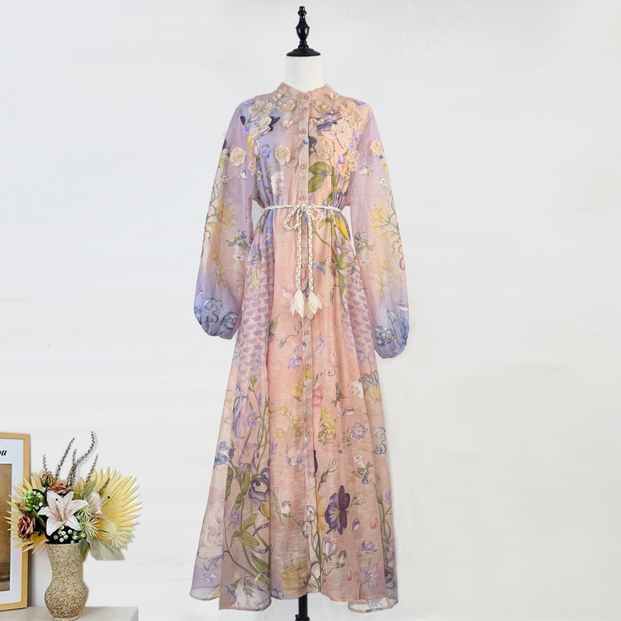 Real shot of Australia's new tropical style printed heavy industry three-dimensional flower splicing long style large swing dress Real shot of Australia's new tropical style printed heavy industry three-dimensional flower splicing long style large swing dress