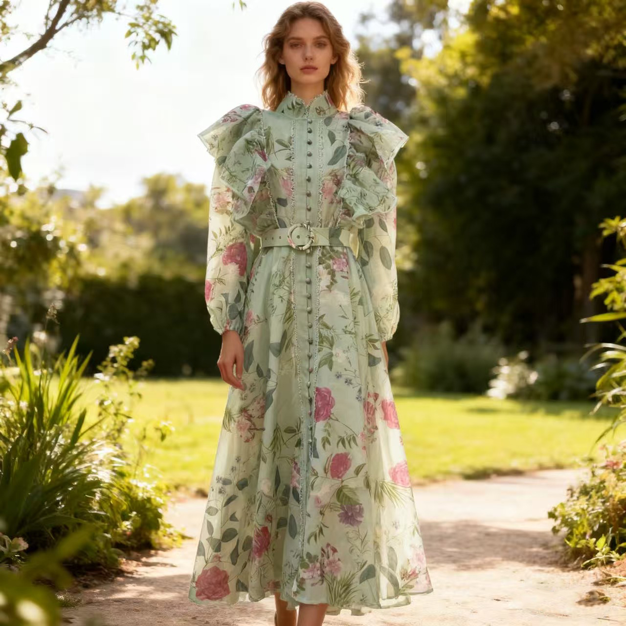 New floral ruffle edge long skirt 2025 autumn retro countryside style waist cinched buckle dress irregular skirt New floral ruffle edge long skirt 2025 autumn retro countryside style waist cinched buckle dress irregular skirt