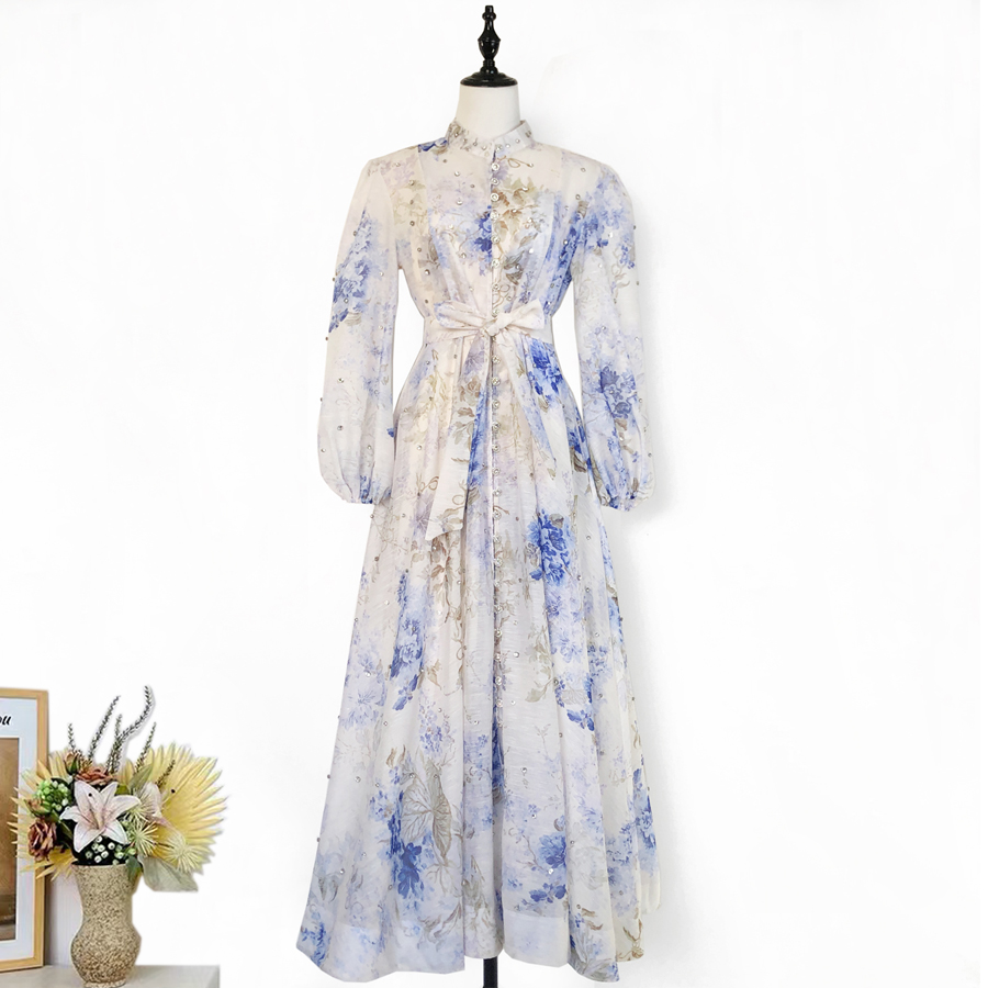 Realistic design with exquisite French style waist cinching and large swing dress, high-end luxury diamond cut small stand collar printed long skirt for women Realistic design with exquisite French style waist cinching and large swing dress, high-end luxury diamond cut small stand collar printed long skirt for women