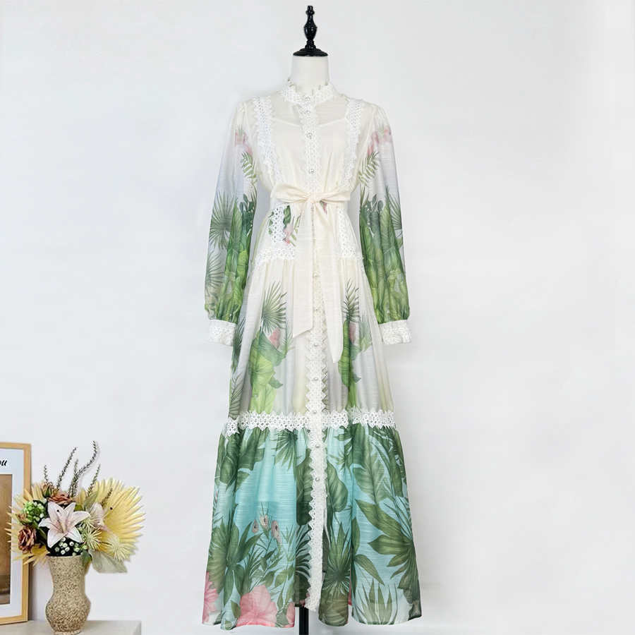 Real shot of elegant European and American foreign trade, heavy industry lace lace, retro lantern sleeves, stand up collar printed lace up dress, long skirt Real shot of elegant European and American foreign trade, heavy industry lace lace, retro lantern sleeves, stand up collar printed lace up dress, long skirt