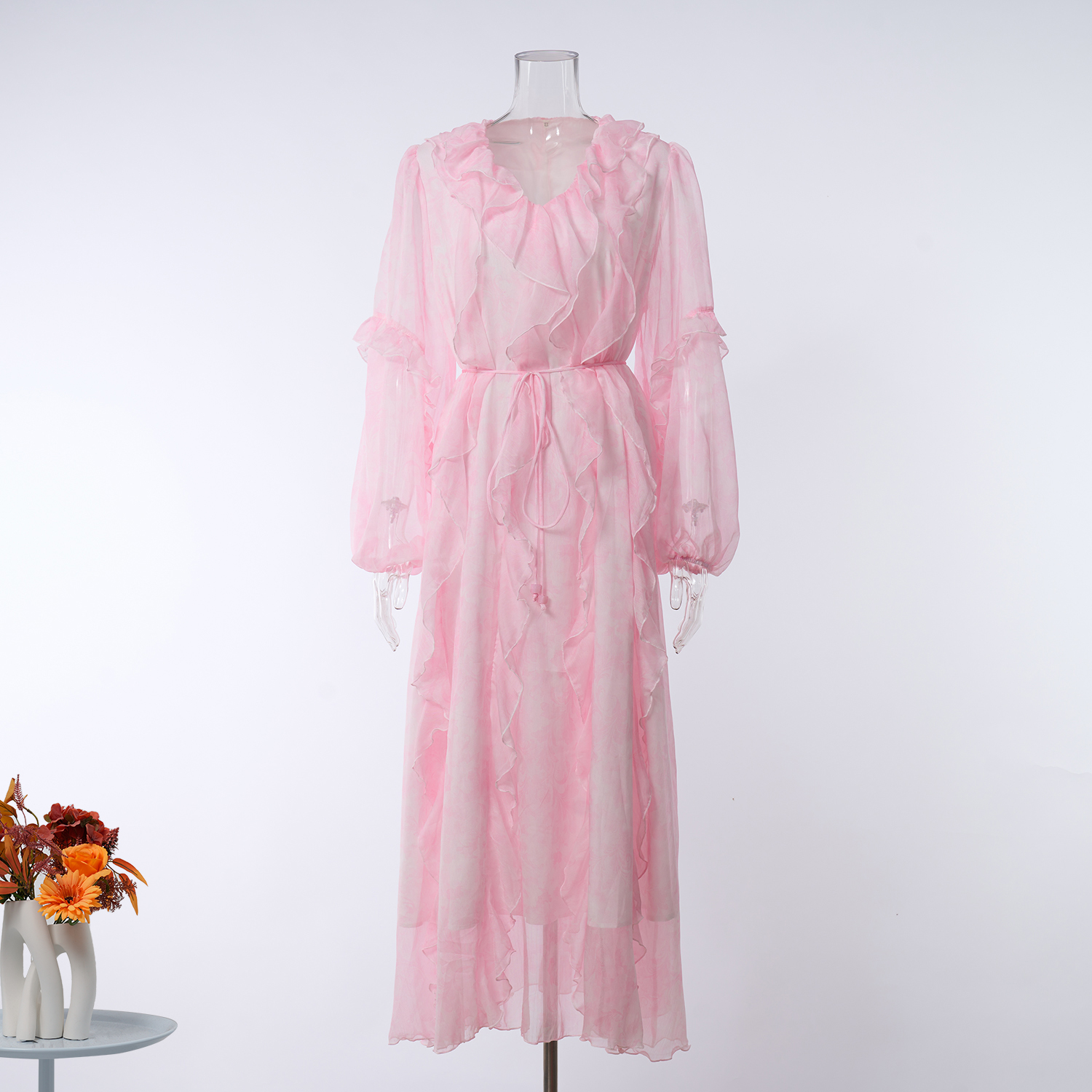 Real shot French romantic blend print seaside vacation V-neck big swing super fairy long dress