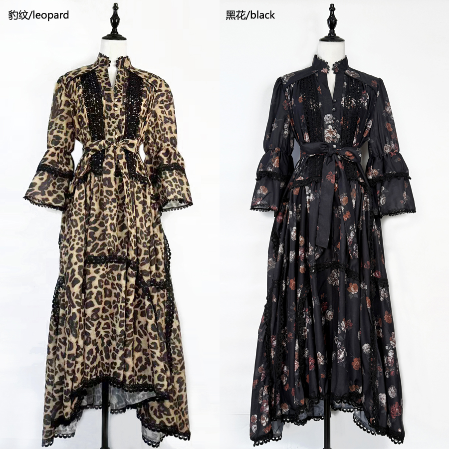 Real shooting of light luxury high-end 2025 autumn and winter new V-neck printed lace irregular large swing long waist dress Real shooting of light luxury high-end 2025 autumn and winter new V-neck printed lace irregular large swing long waist dress