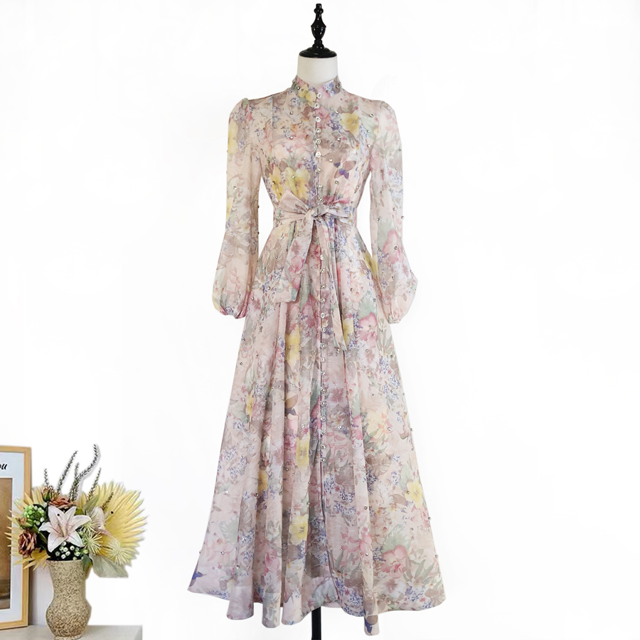 Realistic design with exquisite French style waist cinching and large swing dress, high-end luxury diamond cut small stand collar printed long skirt for women Realistic design with exquisite French style waist cinching and large swing dress, high-end luxury diamond cut small stand collar printed long skirt for women