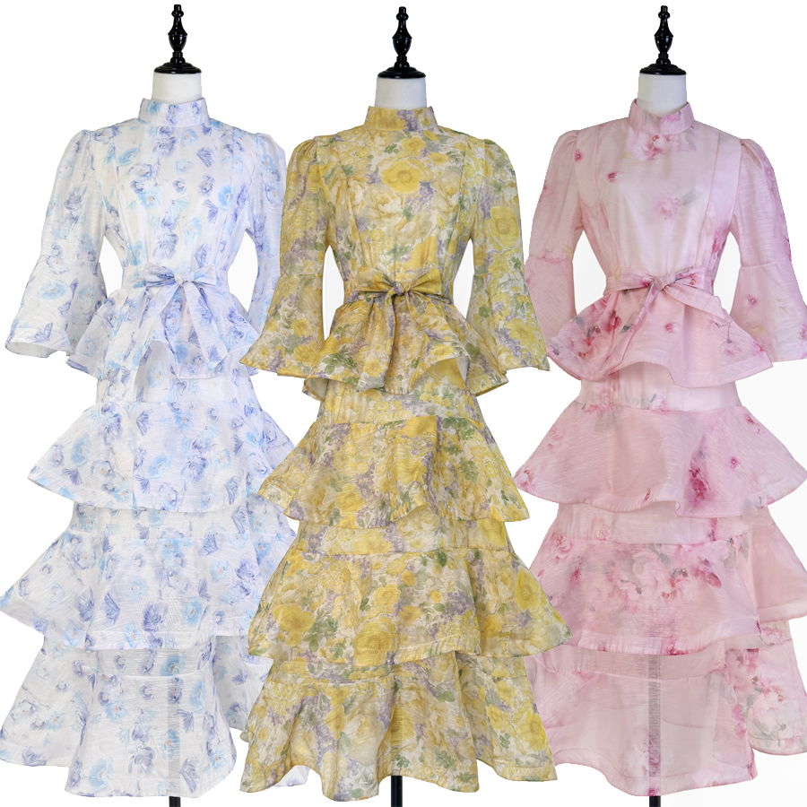 Real shot Australian retro printed ruffle edge dress cake TAMA long skirt trumpet sleeve fairy dress