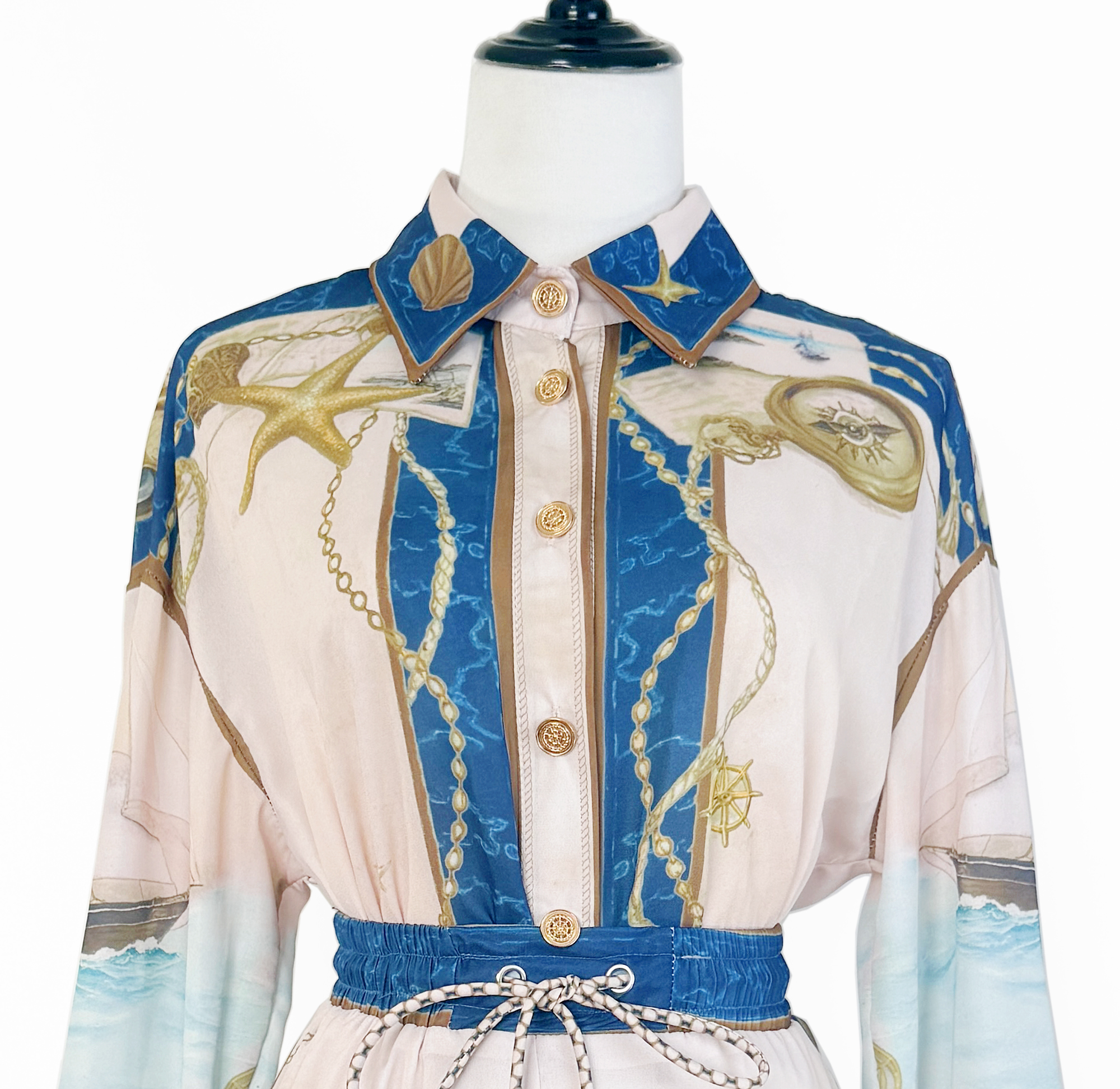 Real shot Australian niche blue nautical print long sleeved shirt shorts fashionable casual set two-piece set Real shot Australian niche blue nautical print long sleeved shirt shorts fashionable casual set two-piece set