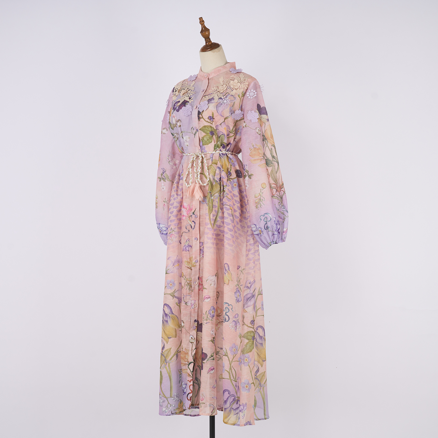 Realistic shooting of vacation style women's seaside exquisite printed single breasted bubble sleeves, large swing lace up dress Realistic shooting of vacation style women's seaside exquisite printed single breasted bubble sleeves, large swing lace up dress