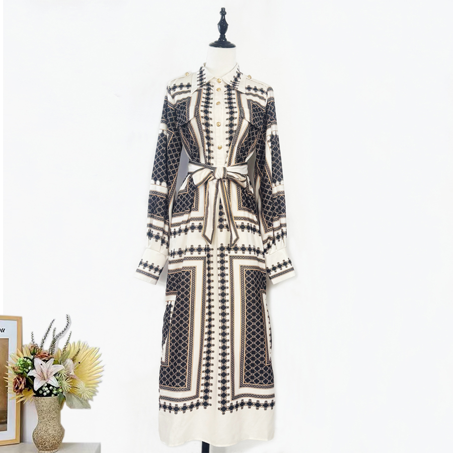 Real time shooting of light luxury high-end 2025 autumn new item, black geometric printed pattern, silk scarf printed dress, shirt skirt