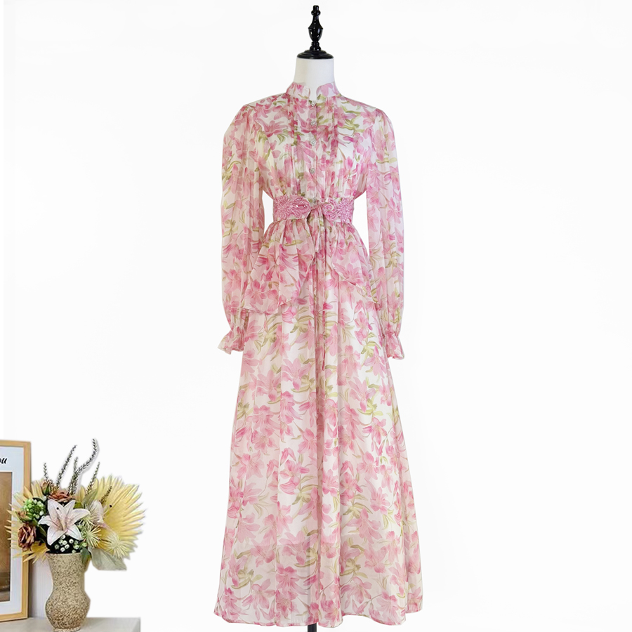 Real time shooting of fresh and sweet palace style long dress, summer new round neck button embroidered printed waist cinching dress Real time shooting of fresh and sweet palace style long dress, summer new round neck button embroidered printed waist cinching dress