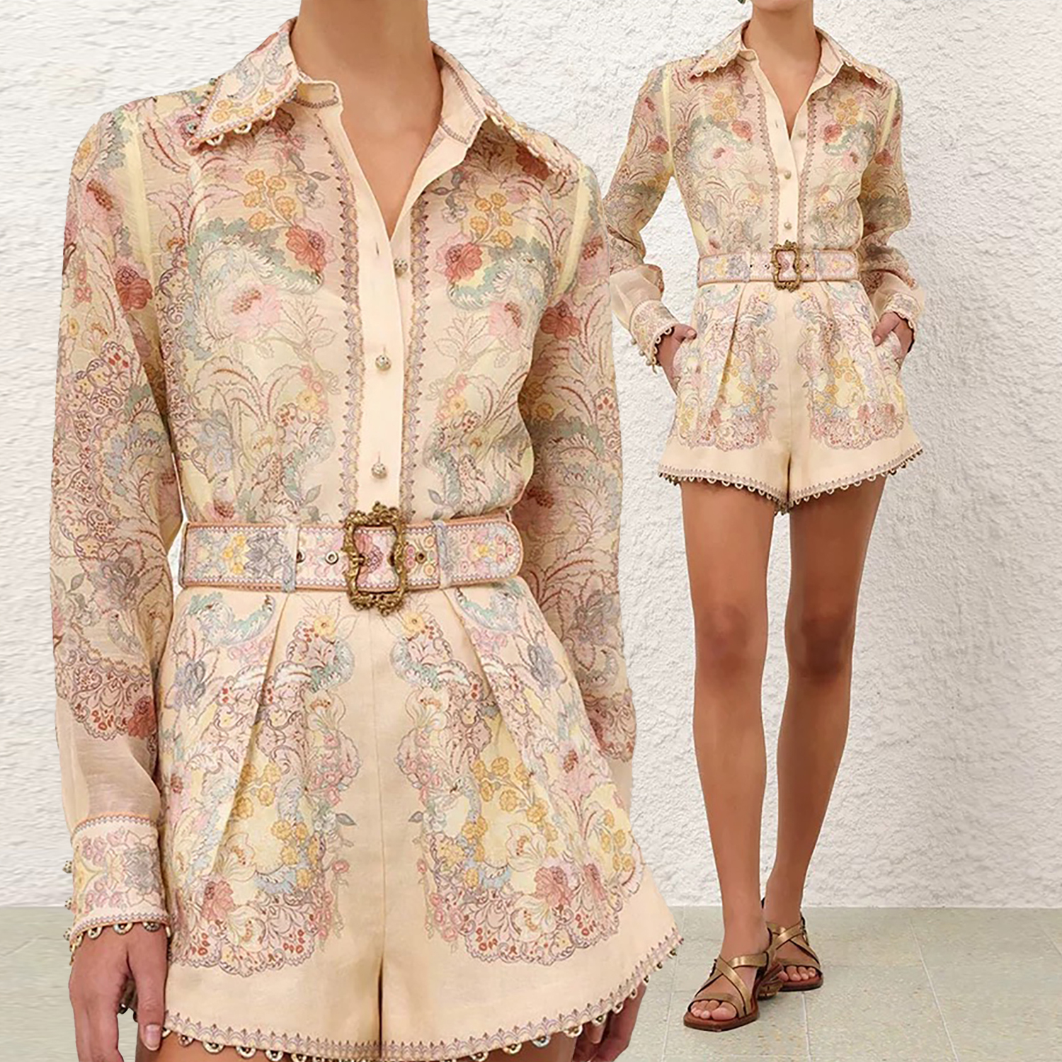 2026 Holiday Readymade Garment New Linen Flower Pattern Pleated Detail Shorts Set