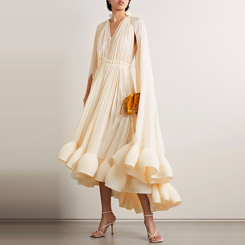 Australian luxury cape style long dress 2025 new sexy and fashionable V-neck ruffle edge temperament dress