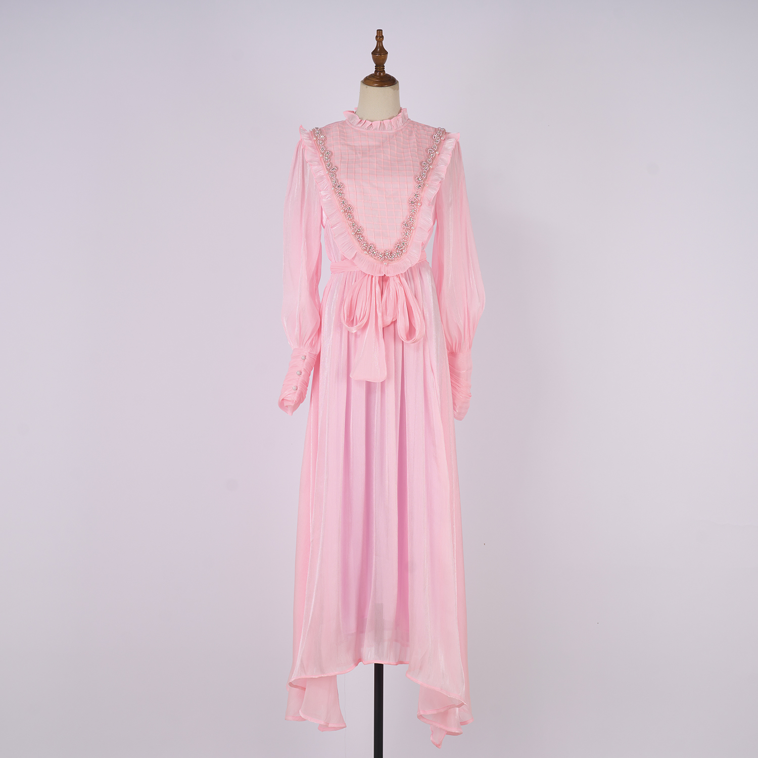 Real shot vintage lace patchwork pure white embroidered stand up collar lantern sleeve dress with large swing long skirt Real shot vintage lace patchwork pure white embroidered stand up collar lantern sleeve dress with large swing long skirt