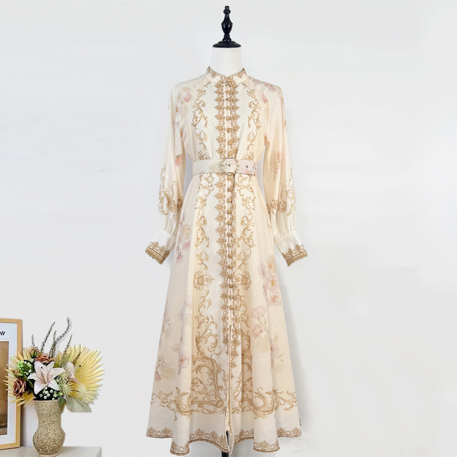 Real time shooting of light luxury high fixed 2025 early autumn new floral pattern stand up collar buckle lantern sleeve waist cinching dress Real time shooting of light luxury high fixed 2025 early autumn new floral pattern stand up collar buckle lantern sleeve waist cinching dress