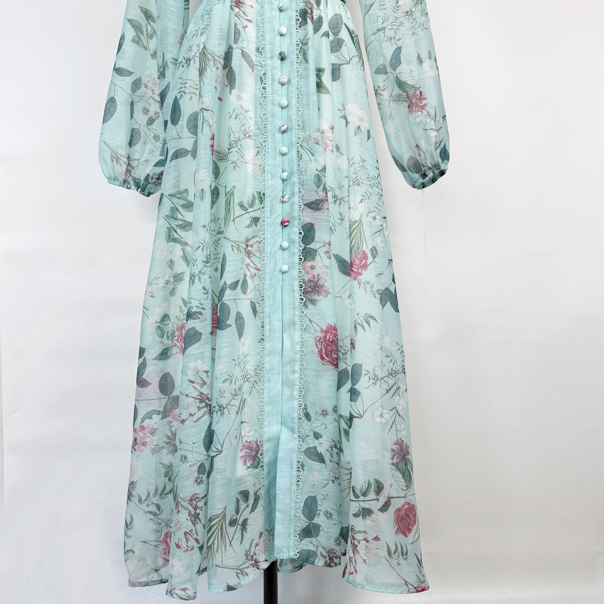 Real shot of European, American, British style lotus leaf edge lace border lantern sleeve print long swing dress+waistband for women Real shot of European, American, British style lotus leaf edge lace border lantern sleeve print long swing dress+waistband for women