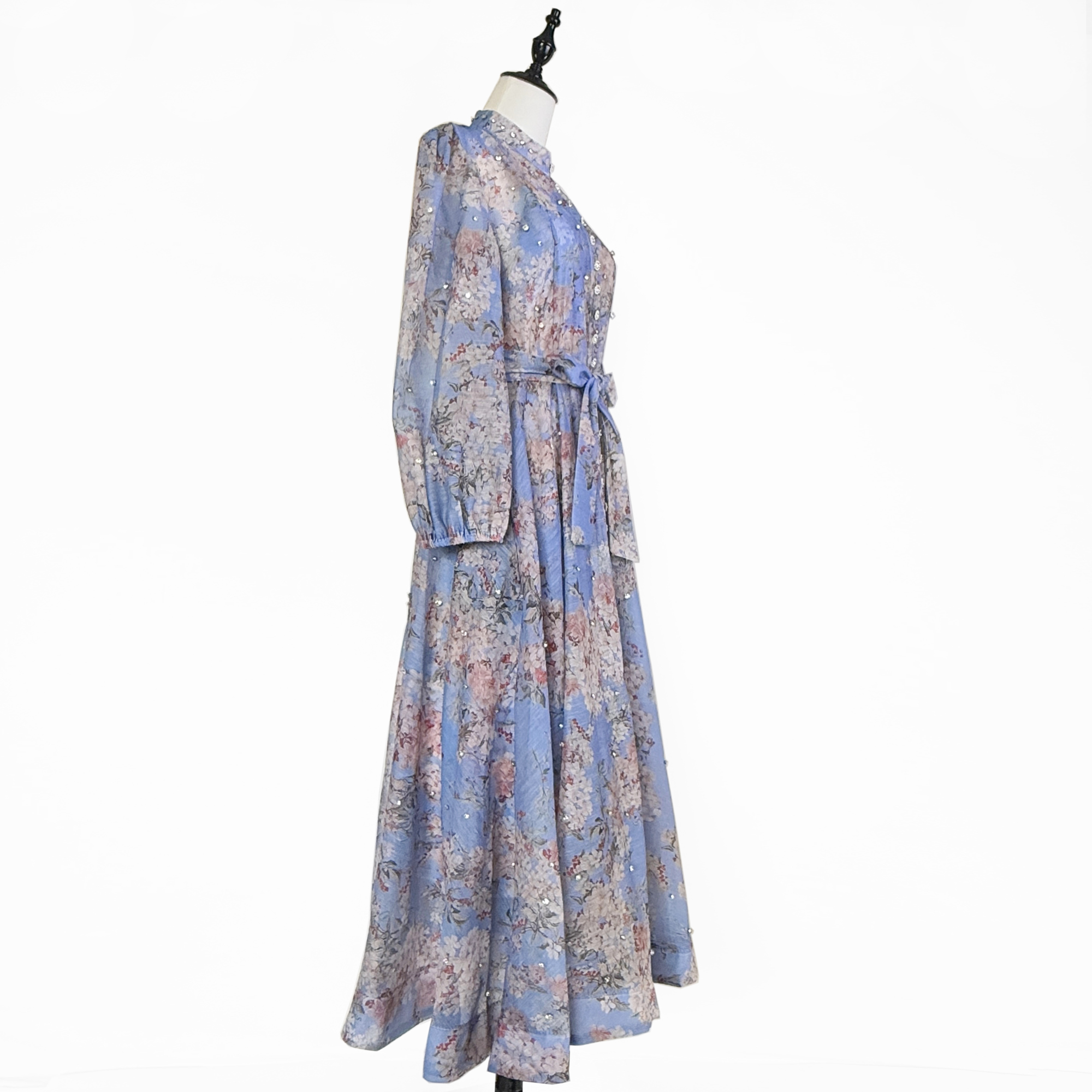 Real shot of Australian fashion printed light luxury heavy industry nail drill single breasted lantern sleeve mid length large swing dress Real shot of Australian fashion printed light luxury heavy industry nail drill single breasted lantern sleeve mid length large swing dress