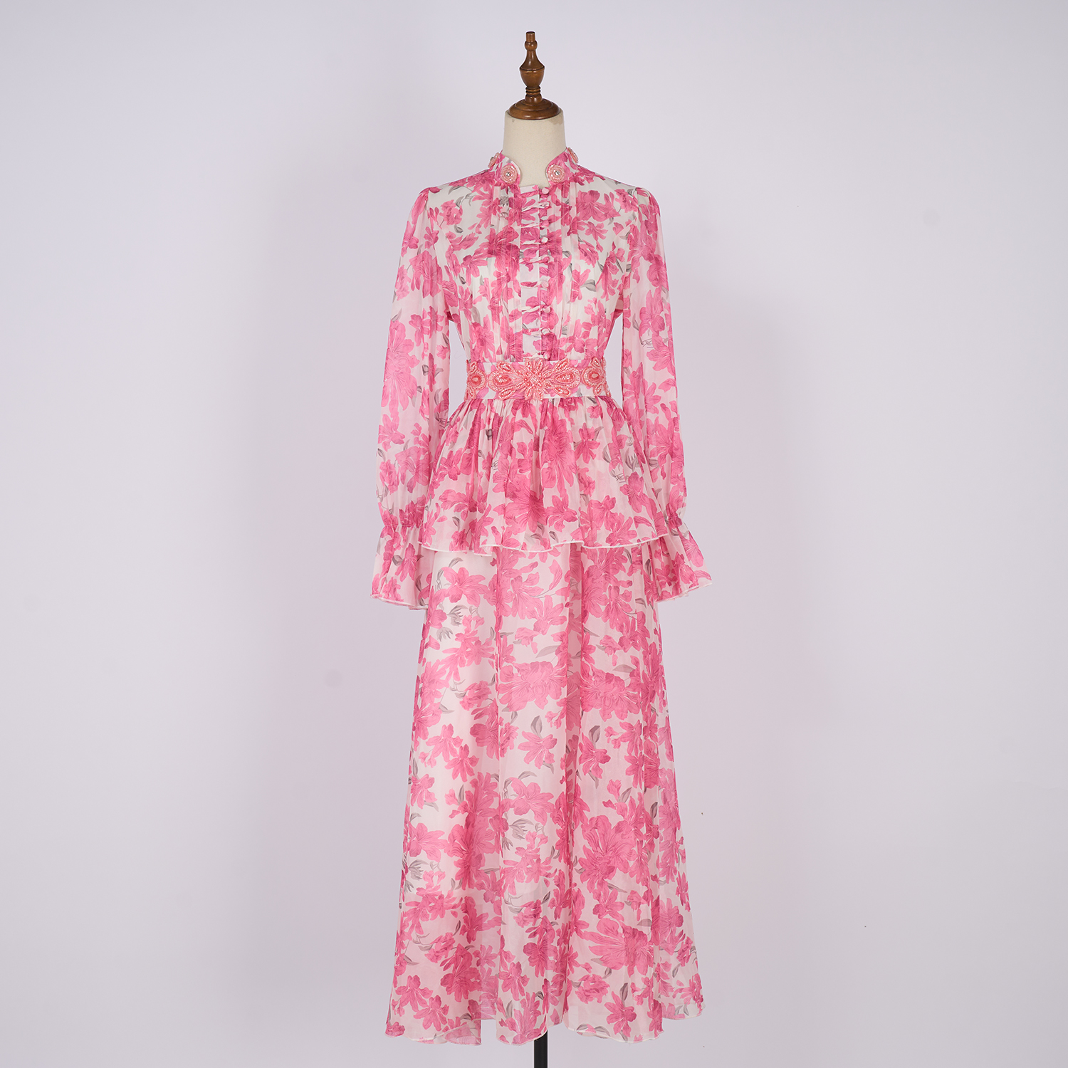 Real time shooting of fresh and sweet long skirt, summer new style round neck button embroidery printed waist cinching dress, 8 colors Real time shooting of fresh and sweet long skirt, summer new style round neck button embroidery printed waist cinching dress, 8 colors