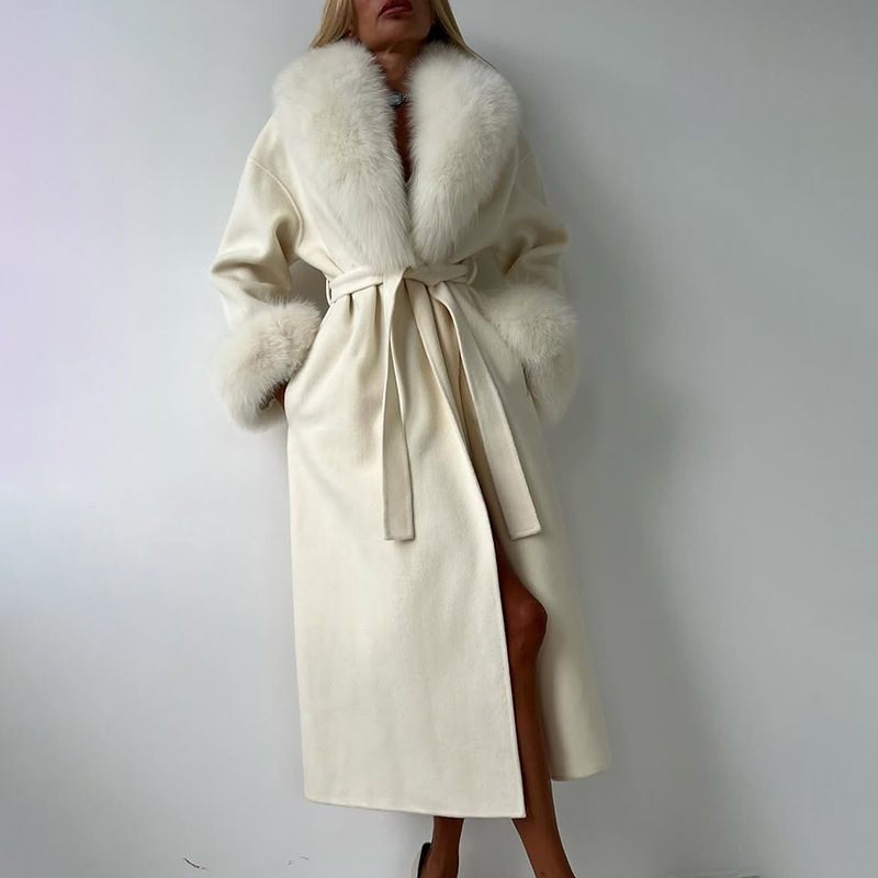 European and American cross-border high-end woolen coat women's 2025 autumn new fashion fur collar temperament solid color loose jacket