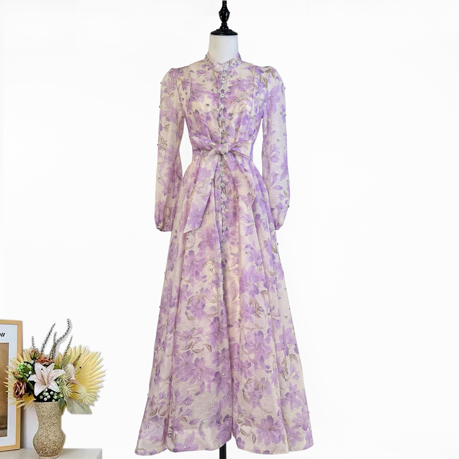 Realistic design with exquisite French style waist cinching and large swing dress, high-end luxury diamond cut small stand collar printed long skirt for women Realistic design with exquisite French style waist cinching and large swing dress, high-end luxury diamond cut small stand collar printed long skirt for women