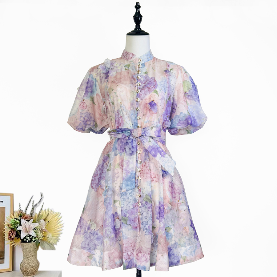 Real shot Australian summer new retro printed heavy flower pendant waist cinching lace up dress short skirt Real shot Australian summer new retro printed heavy flower pendant waist cinching lace up dress short skirt