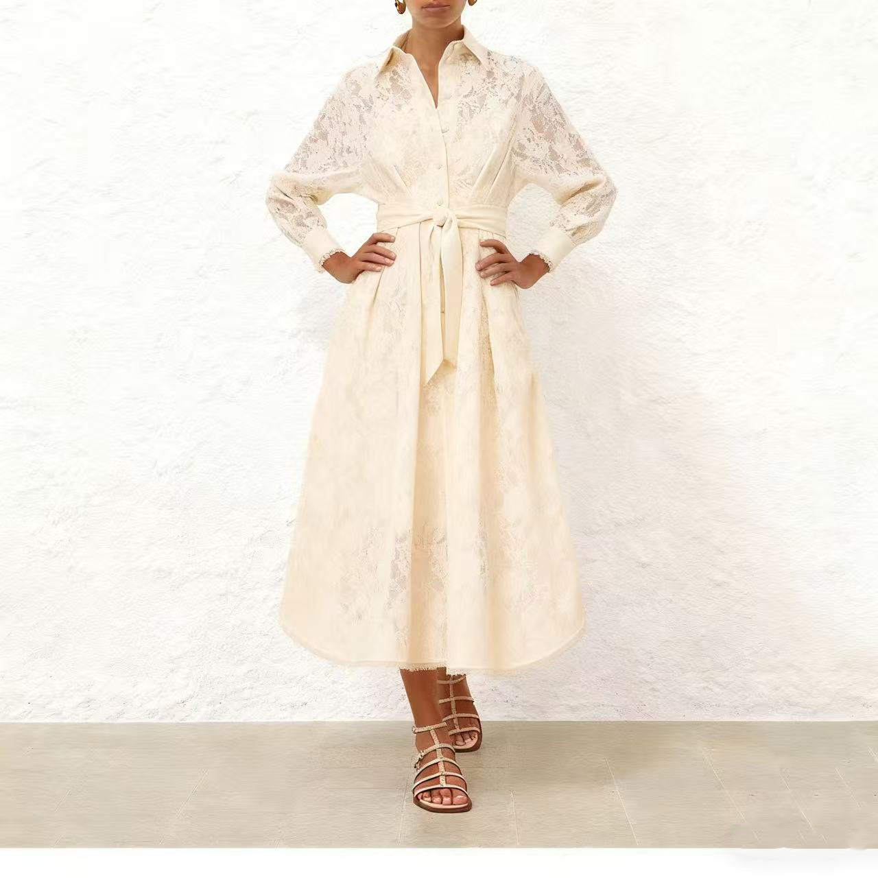 New Spring Heavy Crafted Lace Fabric Splicing Lace Ruffle Details Long Sleeve Long Dress New Spring Heavy Crafted Lace Fabric Splicing Lace Ruffle Details Long Sleeve Long Dress