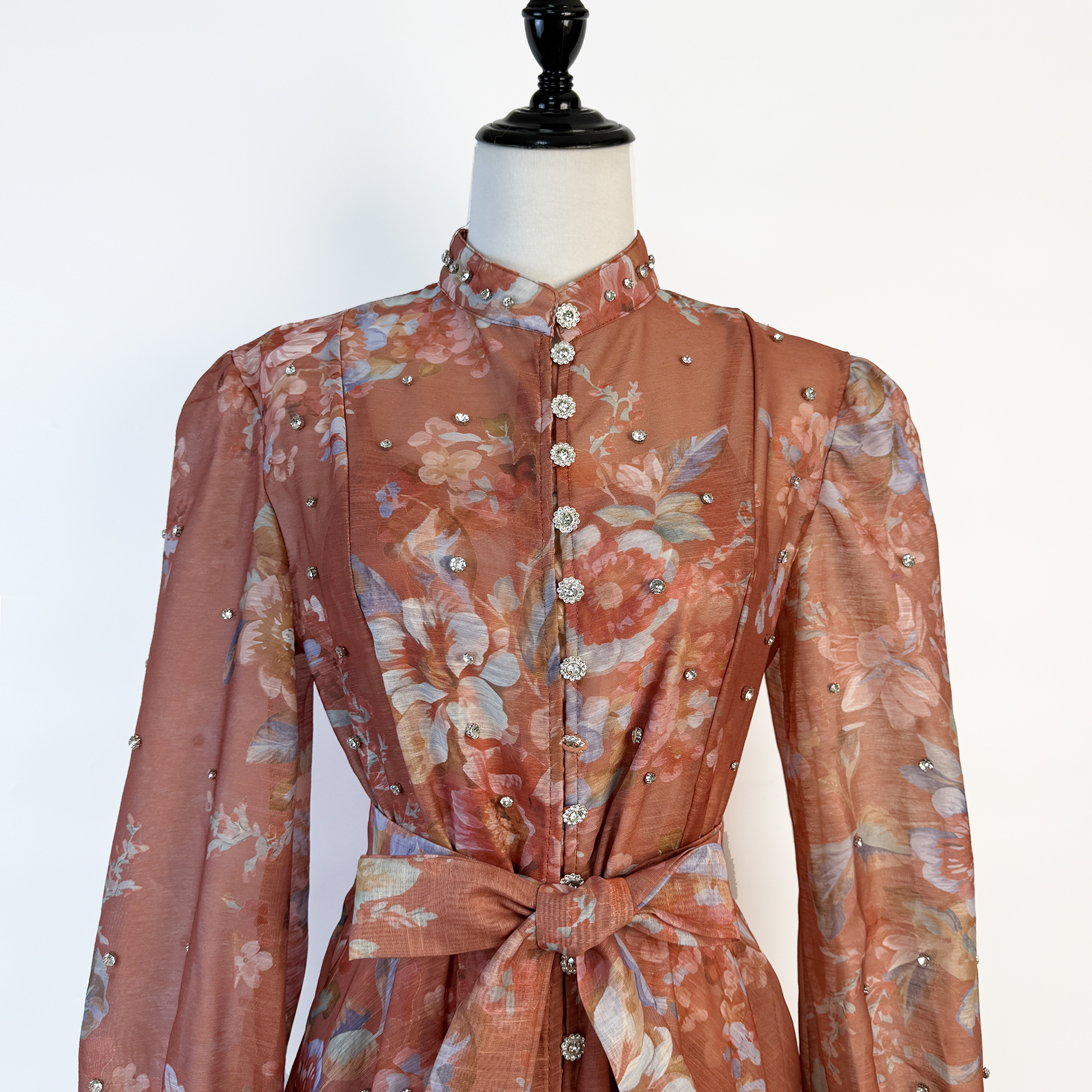 Realistic design with exquisite French style waist cinching and large swing dress, high-end luxury diamond cut small stand collar printed long skirt for women Realistic design with exquisite French style waist cinching and large swing dress, high-end luxury diamond cut small stand collar printed long skirt for women