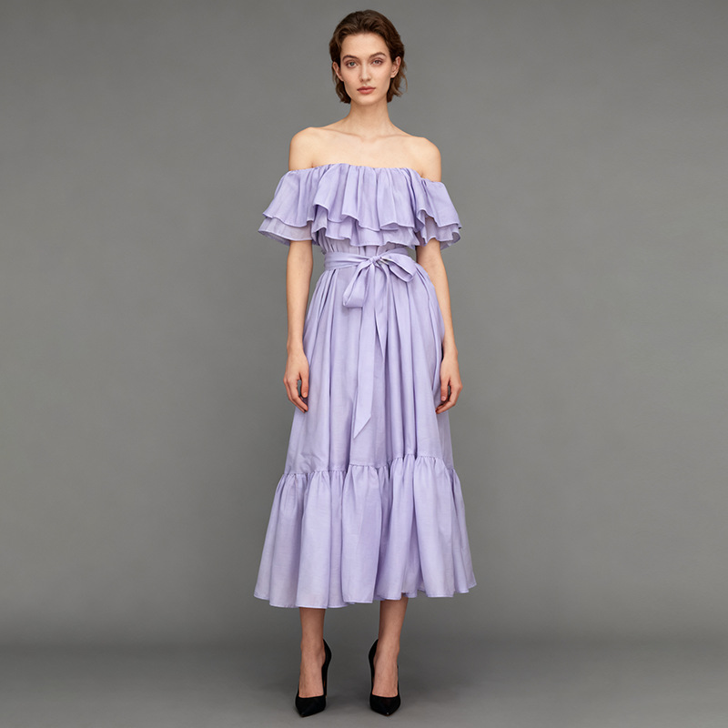 European and American Cross border One Shoulder Long Dress 2025 New Fashionable strapless ruffle edge design with lace up waist cinching dress