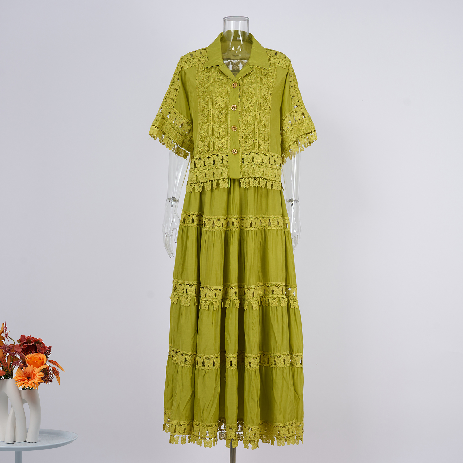 Real shot French retro summer new style lapel embroidered lace long shirt+skirt set for women