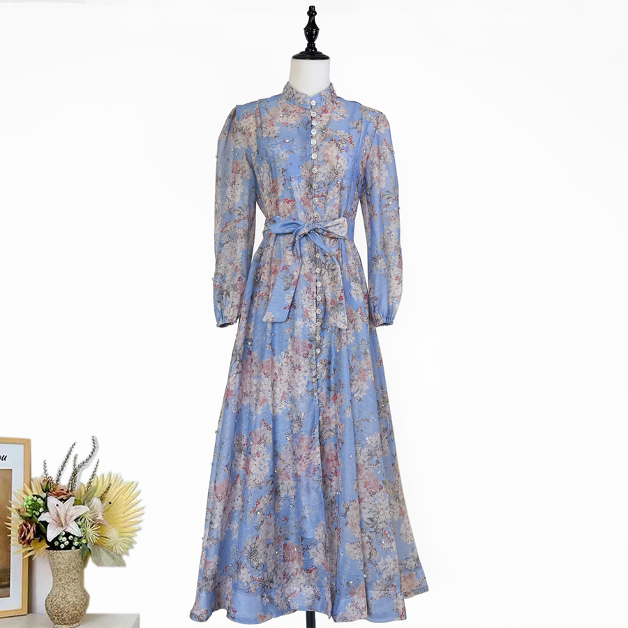 Real shot of Australian fashion printed light luxury heavy industry nail drill single breasted lantern sleeve mid length large swing dress