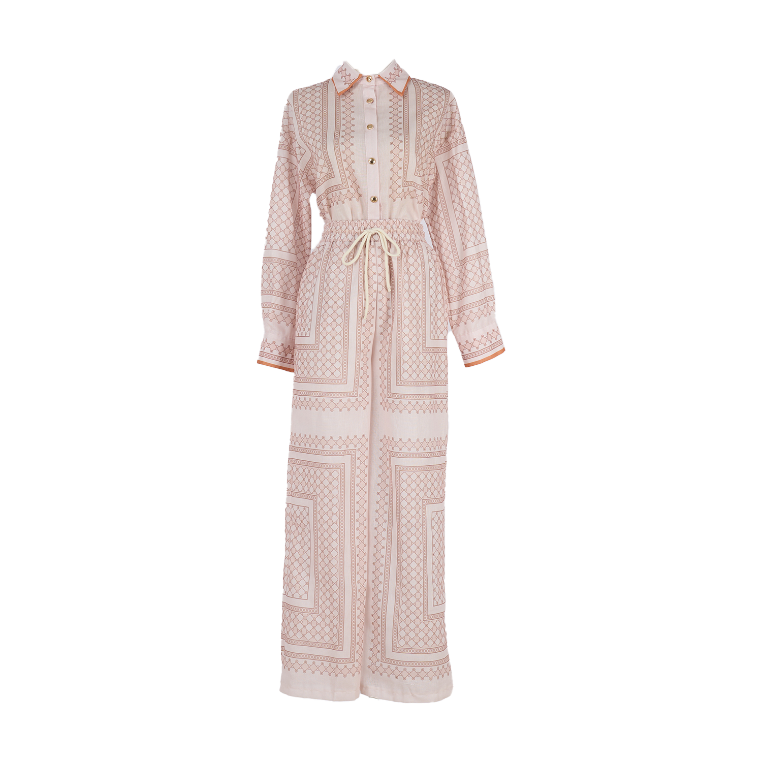 Realistic shooting of 2025 autumn new ramie cream colored geometric printed pattern slim fit shirt set Realistic shooting of 2025 autumn new ramie cream colored geometric printed pattern slim fit shirt set