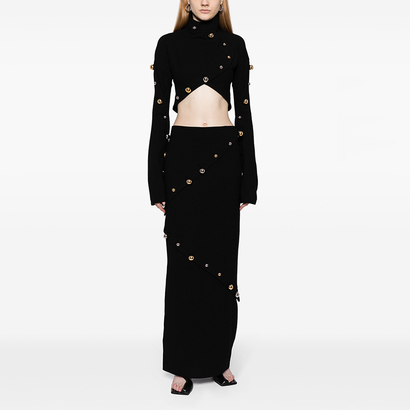 Light luxury socialite style two-piece set 2025 new high neck button decoration short top+solid color mid waist straight tube skirt