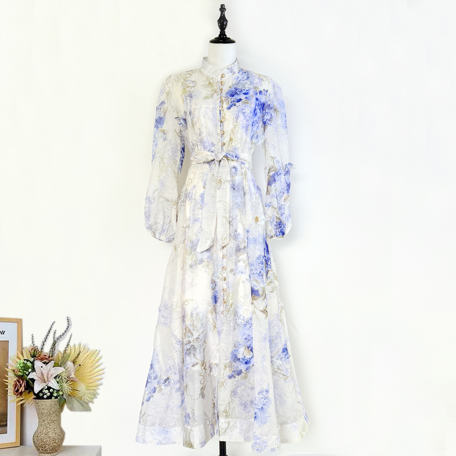 Real shot French elegant standing collar flower buckle heavy flower decoration waist cinching tie up big swing dress long skirt for women Real shot French elegant standing collar flower buckle heavy flower decoration waist cinching tie up big swing dress long skirt for women
