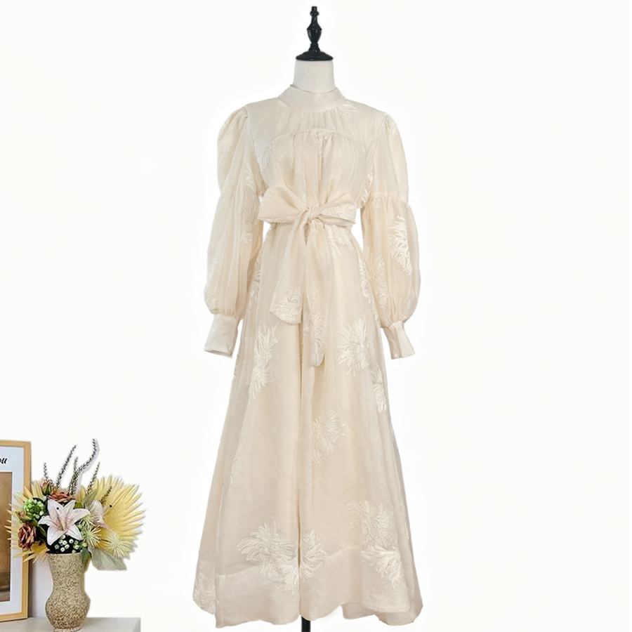 New French style design with stand up collar, lantern sleeves, embroidered loose ties, slimming effect, big swing dress, women's long skirt New French style design with stand up collar, lantern sleeves, embroidered loose ties, slimming effect, big swing dress, women's long skirt