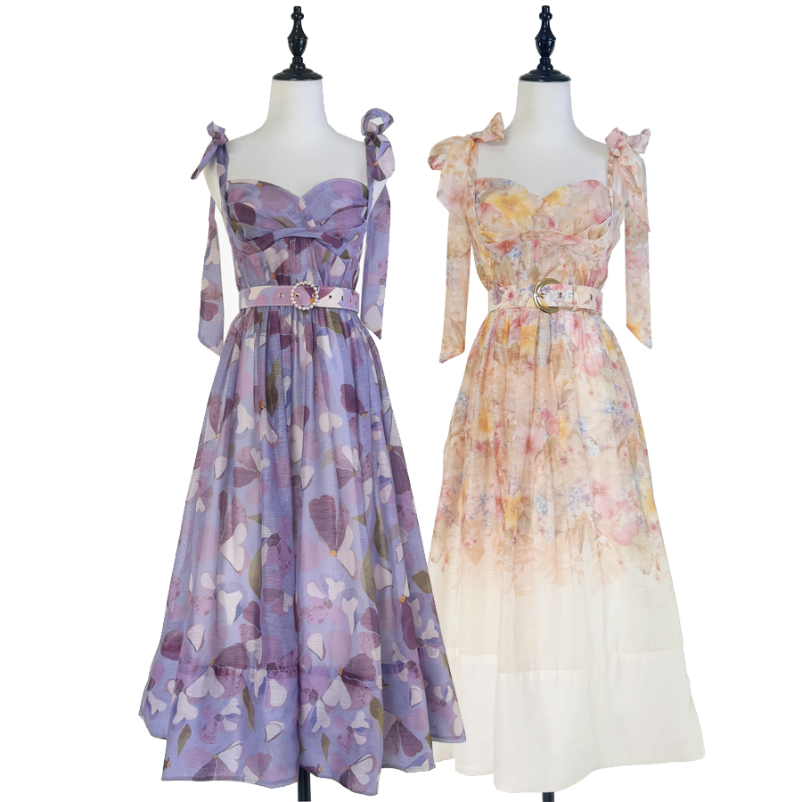 Real shot of Australian niche retro French elegant summer collection waist slimming and fluffy mid length dress+belt